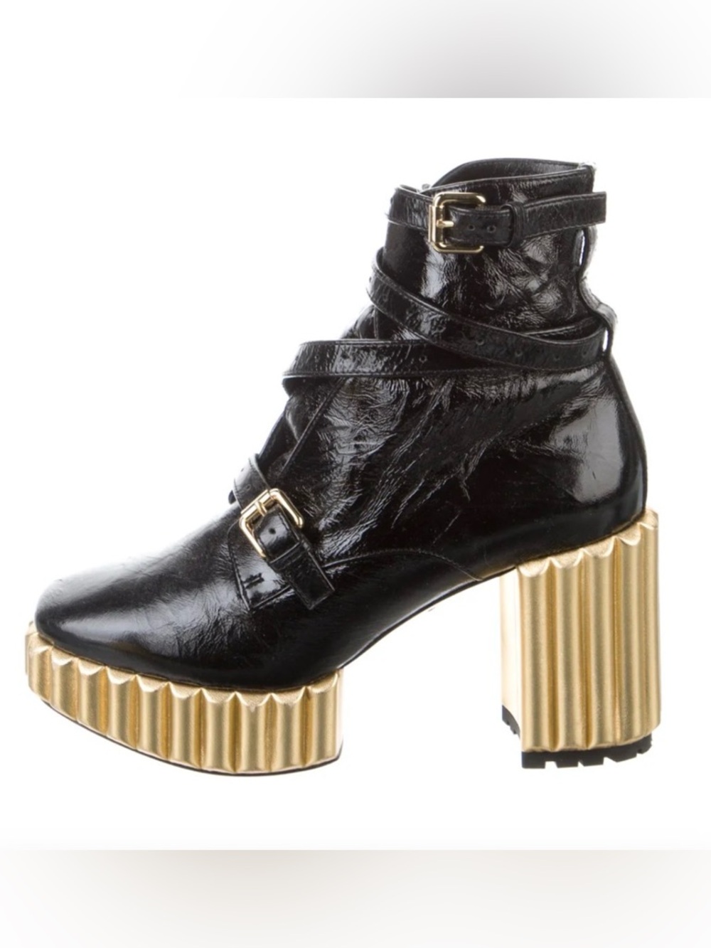 Dior Black Patent Leather Ankle Boot with Gold Sculpted Heel
